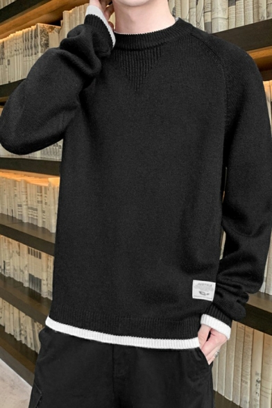 Urban Guys Sweater Pure Color Contrast Ribbed Trim Round Neck Baggy Long Sleeve Sweater