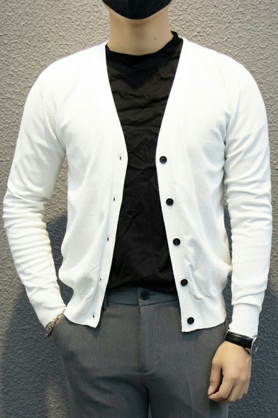 Urban Mens Cardigan Pure Color V-Neck Long-sleeved Button Placket Cardigan