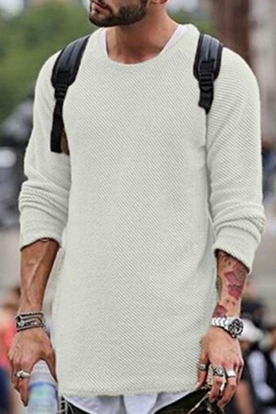 Vintage Sweater Plain Crew Neck Relaxed Long Sleeve Sweater for Men
