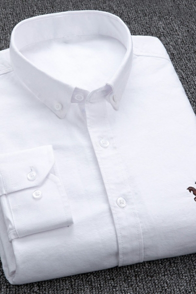 Warm Shirt Embroidery Point Collar Button Up Long Sleeve Slim Fit Shirt for Men