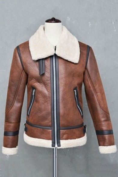 Casual Guys Jacket Contrast Color Spread Collar Long-Sleeved Relaxed Zipper Leather Jacket