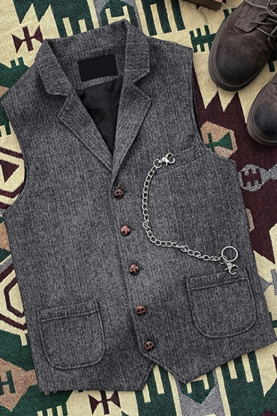 Casual Men's Vest Lapel Collar Button Down Chain Embellished Sleeveless Slim Fit Vest