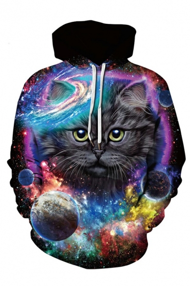 Chic Men's Hoodie 3D Cat Print Pocket Front Relaxed Fit Long-Sleeved Hoodie with Drawstring