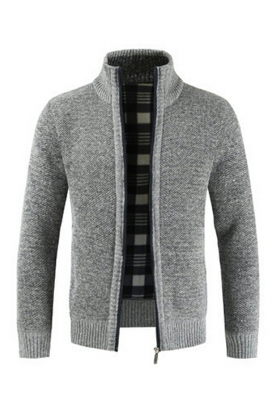 Comfortable Men's Cardigan Sweater Plain Stand Collar Zip Closure Long-Sleeved Regular Fit Cardigan Sweater