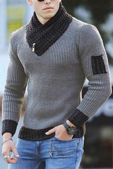 Cool Men's Sweater Color Block Shawl Collar Long Sleeve Slim Fit Sweater