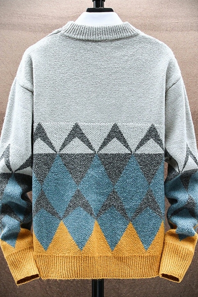 Creative Guys Sweater Geometric Print Long-sleeved Round Neck Regular Fit Rib Cuffs Pullover Sweater