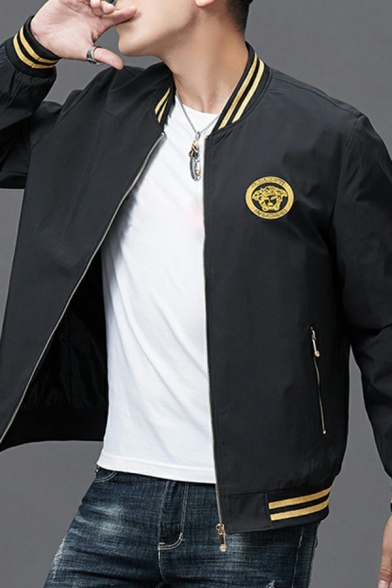 Dashing Mens Varsity Jacket Logo Pattern Zip up Long Sleeves Fitted Jacket