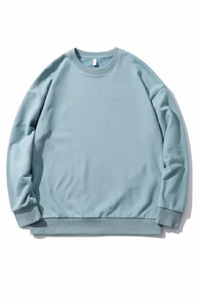 Elegant Men's Sweatshirt Solid Color Long Sleeve Rib Hem Crew Neck Baggy Sweatshirt