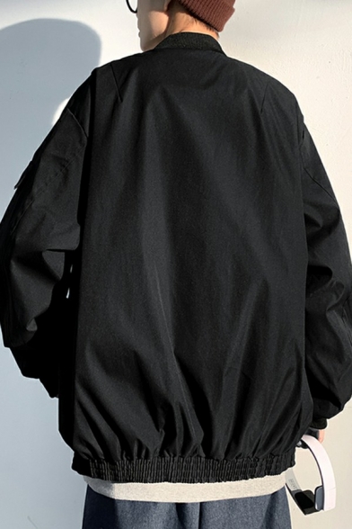 Fashion Guys Varsity Jacket Whole Colored Pocket Detail Zip Placket Baggy Bomber Jacket