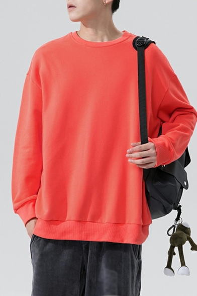 Fashionable Hoody Solid Color Round Neck Rib Cuffs Long-Sleeved Loose Fit Hoody for Men