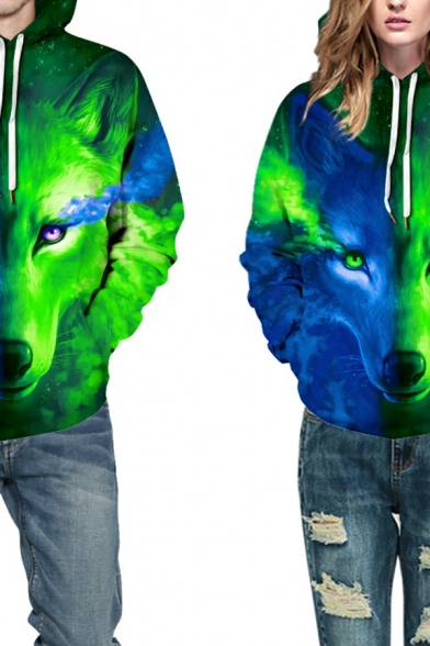 Fashionable Mens Hoodie 3D Wolf Pattern Drawstring Kanga Pocket Long Sleeve Loose Fit Hoodie