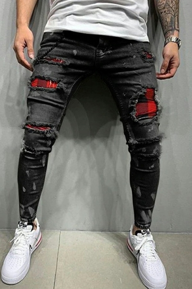 Fashionable Mens Jeans Solid Color Knee Broken Hole Zip Detail Mid Rise Skinny-Fitted Jeans with Pockets