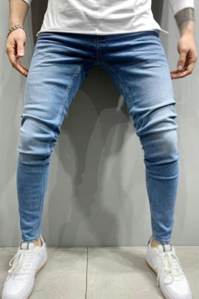 Freestyle Jeans Solid Color Zip Up Side Pocket Ankle Length Slim Fit Denim Jeans for Men