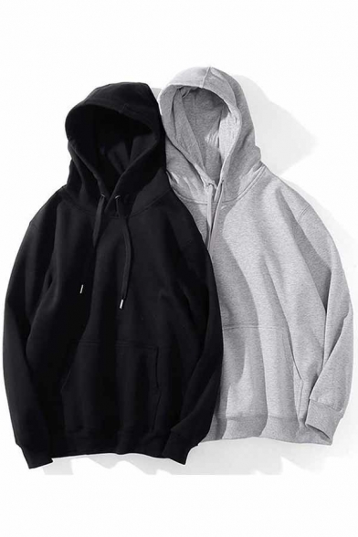 Freestyle Solid Color Men's Hoodie Long Sleeve Front Pocket Loose Fit Drawstring Hooded Sweatshirt