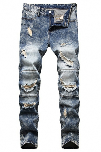 Guy's Edgy Jeans Faded Washed Full Distressed Designed Mid Rise Slim Full Length Jeans