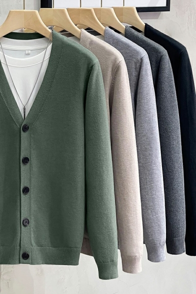 Guys Creative Cardigan Plain Ribbed Cuffs V-Neck Relaxed Long Sleeves Button Up Cardigan