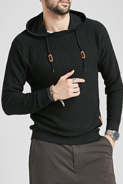 Leisure Mens Sweater Solid Color Hooded Drawcord Quilted Detail Rib Hem Long Sleeve Slim Fit Sweater