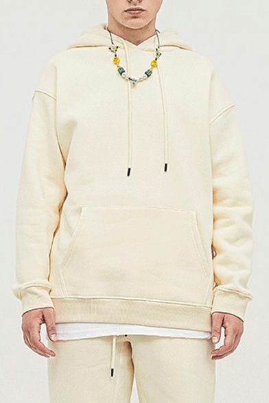 Leisure Plain Men's Hoodie Front Pocket Long-Sleeved Relaxed Fit Drawstring Hooded Sweatshirt