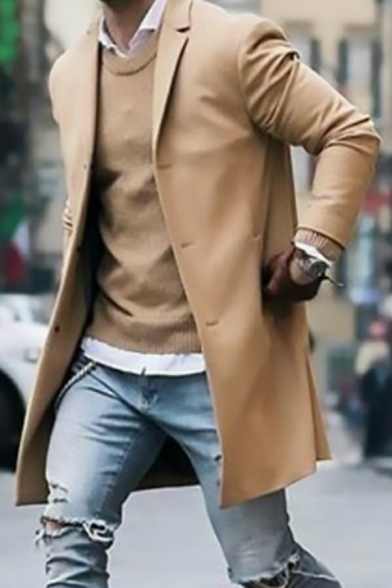Men's Basic Designed Coat Solid Color Button Placket Lapel Collar Long Sleeve Pocket Coat