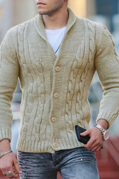 Men's Classic Cardigan Solid Collar Cable Knit Long Sleeves Button-up Slimming Cardigan