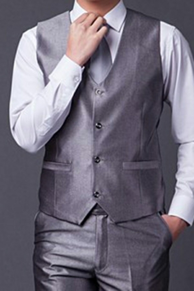 Men's Fashionable Suit Vest Plain Sleeveless V-Neck Button Closure Regular Fitted Suit Vest
