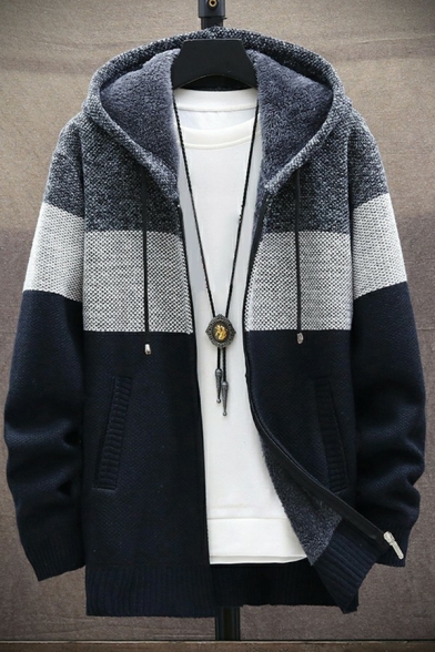 Men's Leisure Cardigan Contrast Color Drawstring Hooded Long-sleeved Loose Fitted Cardigan