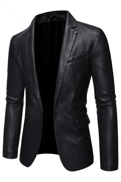 Men Street Style Leather Jacket Solid Color Suit Collar Flap Pocket Long Sleeves Regular Fit Leather Jacket