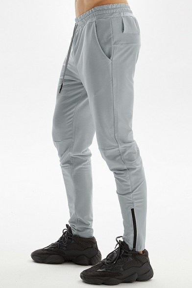 Men Stylish Drawstring Pants Pure Color Mid Rise Pocket Detail Slim Fit Pants