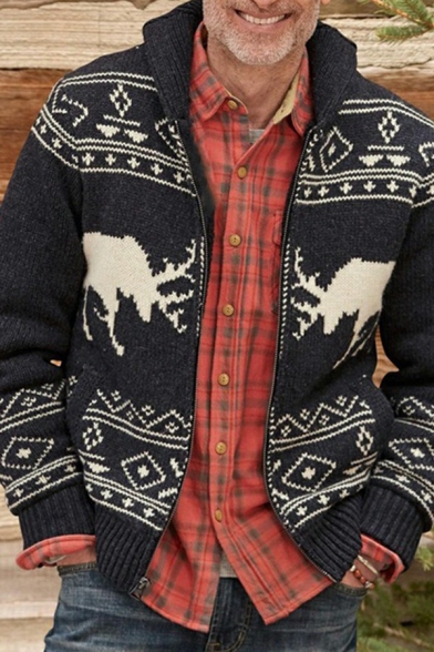 Mens Casual Cardigan Sweater Animal Printed Long Sleeves Stand Collar Button Closure Regular Fit Cardigan Sweater