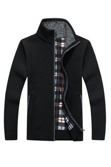Mens Comfortable Cardigan Sweater Pure Color Long Sleeves Stand Collar Zip Closure Slim Fit Cardigan Sweater