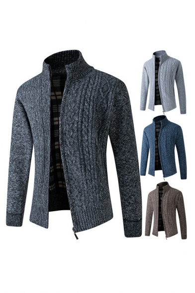 Mens Stylish Cardigan Solid Color Long Sleeve Stand Collar Open Front Regular Fit Cardigan Coat