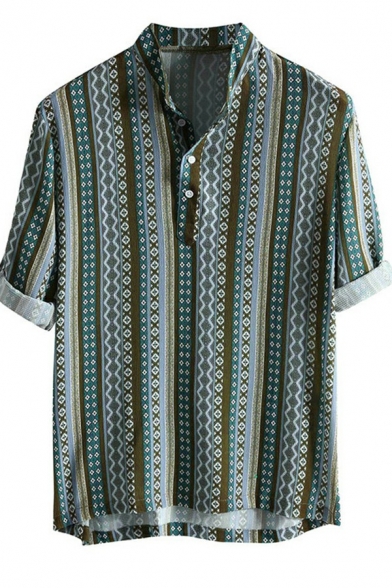Retro Tribal Printed Mens Shirts Turn-Down Collar Button Up Short Sleeves Relaxed Fit Shirts