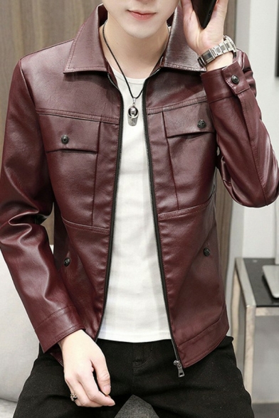 Simple Guys Jacket Pure Color Pocket Designed Spread Collar Long-Sleeved Relaxed Zip Fly Leather Jacket
