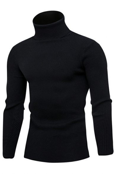 Simple Men's Sweater Pure Color High Neck Long Sleeves Slim Fitted Sweater