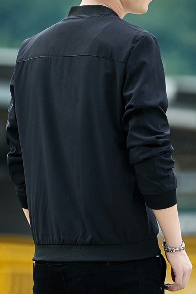 Simple Mens Varsity Jacket Pure Color Zip Closure Long Sleeve Regular Fit Jacket