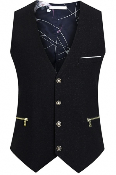 Simple Suit Vest V-Neck Zip Up Sleeveless Slim Fitted Suit Vest for Men