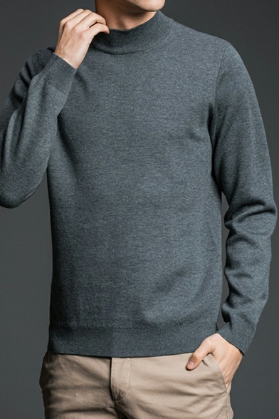 Simple Sweater Mock Neck Solid Color Long Sleeve Regular Fitted Knitted Sweater for Men
