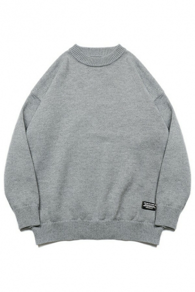 Soft Pullover Pure Color Long Sleeve Round Neck Baggy Pullover for Guys