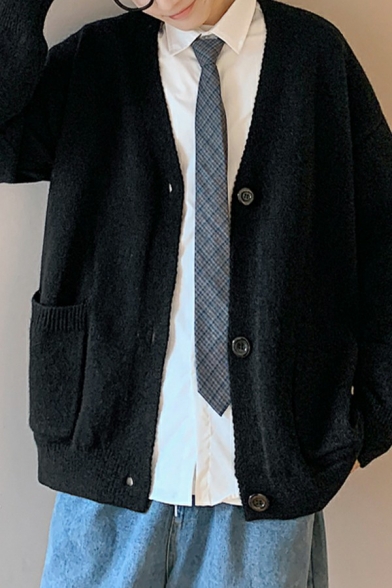 Stylish Mens Cardigan Plain V-Neck Pocket Decorated Button Closure Ribbed Trim Long Sleeve Cardigan