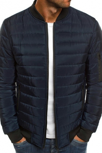 Stylish Mens Down Coat Plain Zipper Placket Long Sleeve Zipper Detail Slim Fit Puffer Coat