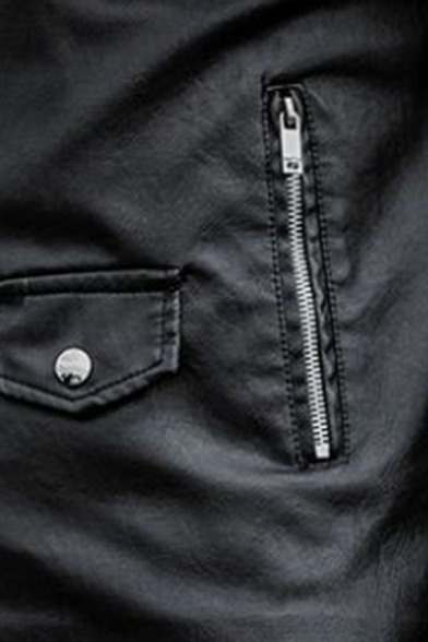 Stylish Mens Leather Jacket Pure Color Turn Down Collar Long Sleeves Pocket Detail Zip Placket Leather Jacket