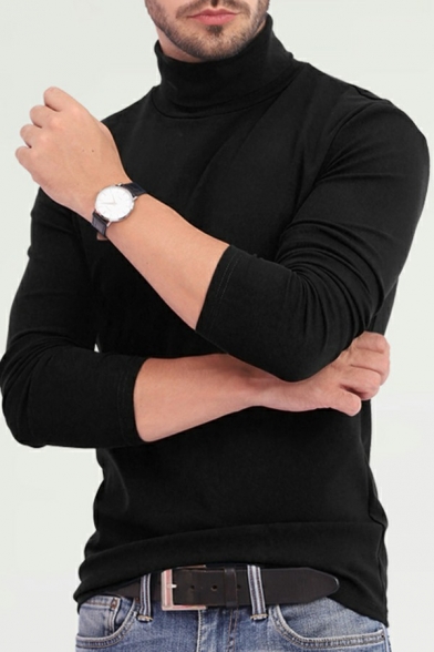 Stylish Pullover Solid Color High Neck Long Sleeve Slim Fit Pullover for Guys