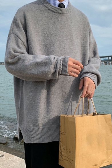 Baggy Guys Pullover Solid Round Neck Long Sleeve Oversized Pullover
