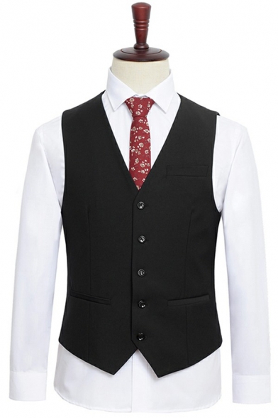 Basic Designed Suit Vest Solid Color Button Up V-Neck Sleeveless Slim Fit Suit Vest for Men