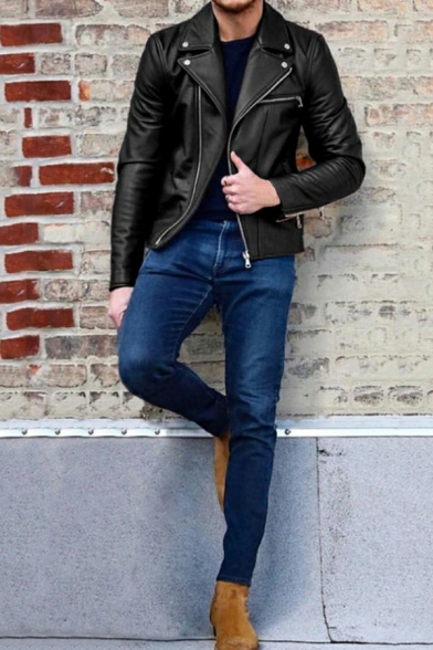 Basic Mens Leather Jacket Pure Color Stand Collar Long Sleeves Pocket Detail Zip Placket Leather Jacket