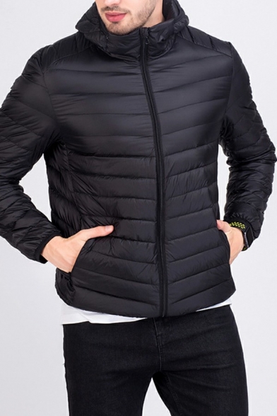 Basic Puffer Coat Solid Color Zipper Closure Regular Fit Long-Sleeved Hooded Down Coat for Men
