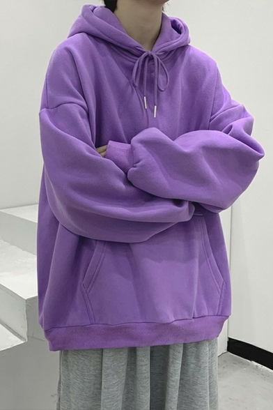 Boy's Fashionable Hoodie Plain Pocket Detailed Long-Sleeved Baggy Hooded Drawcord Hoodie