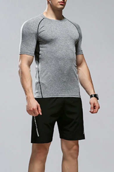Boy's Street Style Set Contrast Stitching Patched Round Neck Short Sleeves Tee Shirt with Shorts Slimming Co-ords