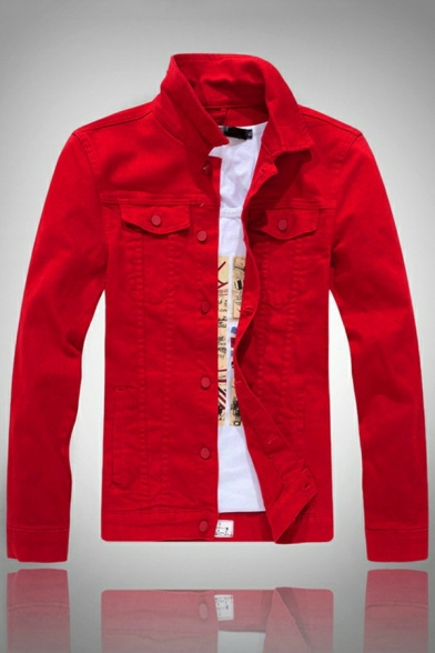 Chic Men's Jeans Jacket Solid Color Button Down Long Sleeves Regular Fit Denim Jacket