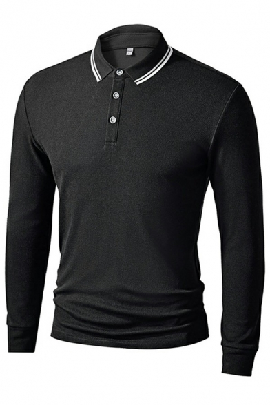Chic Polo Shirt Contrast Trim Long-Sleeved Turn down Collar Slim Fit Polo Shirt for Men